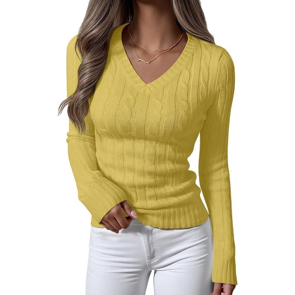 Womens Yellow Pull On Cable Knit Long Sleeve V Neck Fitted Casual Work Sweater